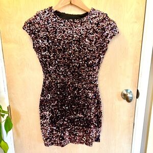 B Darlin Glittering Pink Sequin and Black Mini Dress Slit Side Size 3/4
